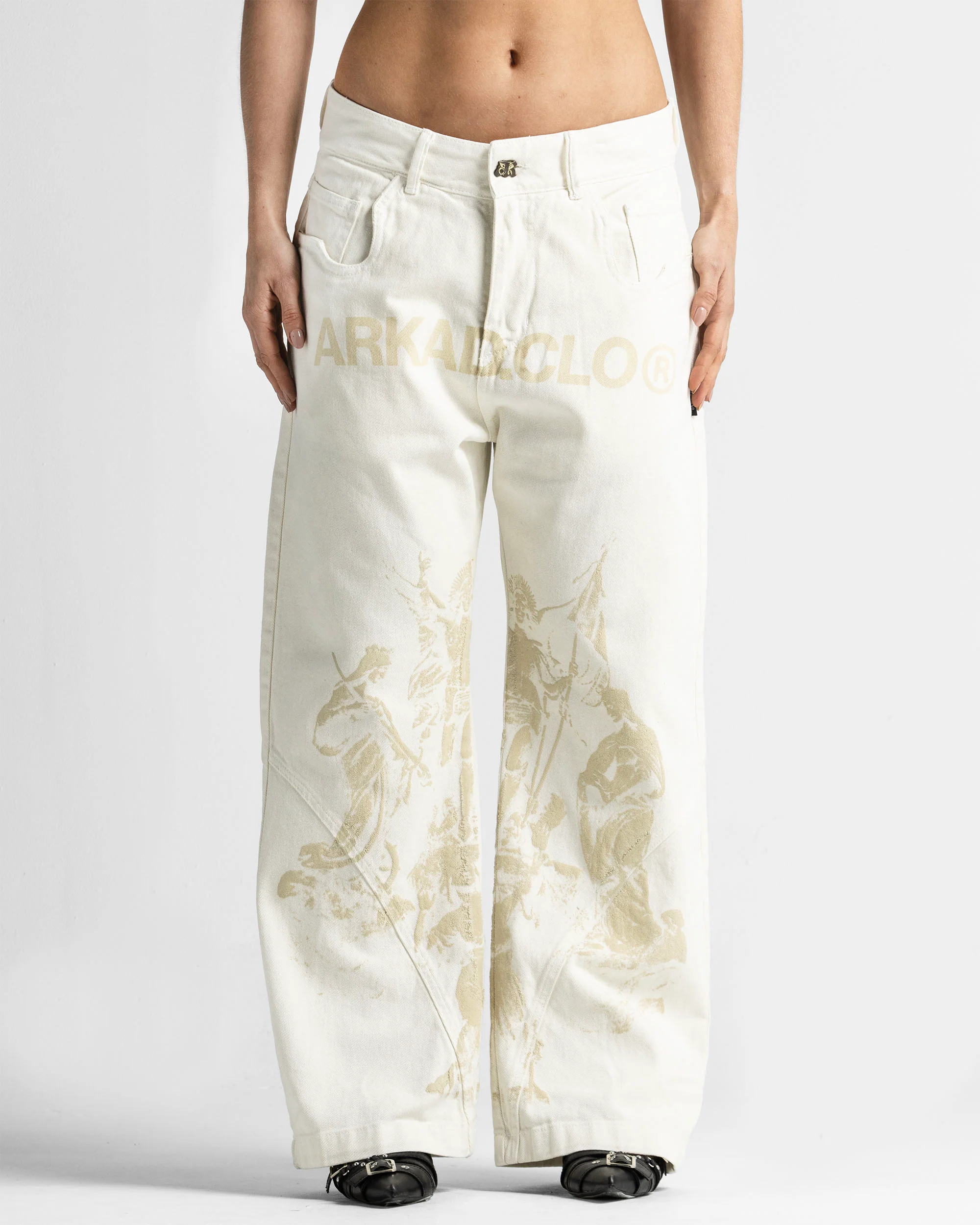 Cream Denim Pant Suede Print - Unisex