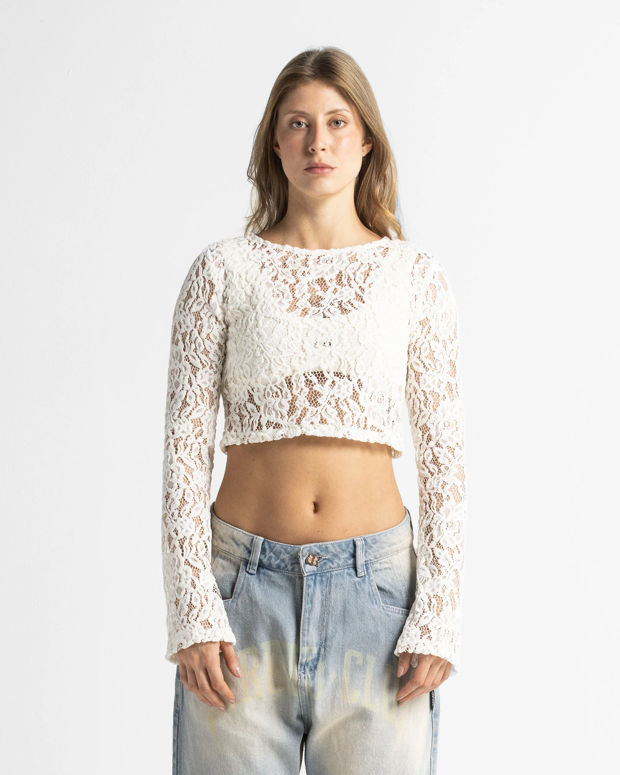 Lace Crop Sweater - Beige